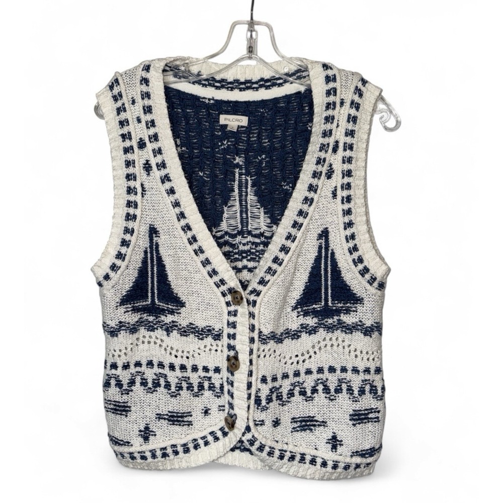 Pilcro Sailboat Sweater Vest M Nautical Coastal Button Cardigan Anthropologie